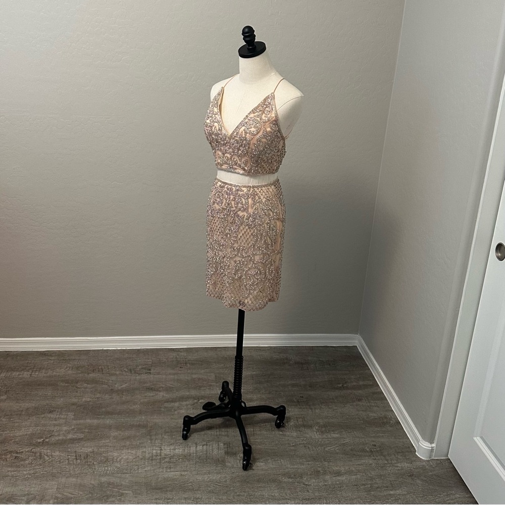 NEW PRIMAVERA BLUSH SZ 4 BEADED TWO PIECE TIE BACK FORMAL COCKTAIL DRESS - Picture 2 of 16